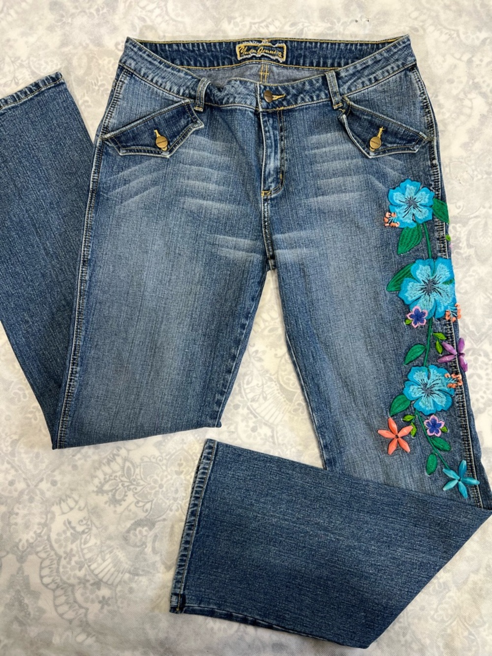 VTG Yuka Jeans Sz 12 Bootcut Y2K Floral 3D Beaded Boho Flower Americana Mall
